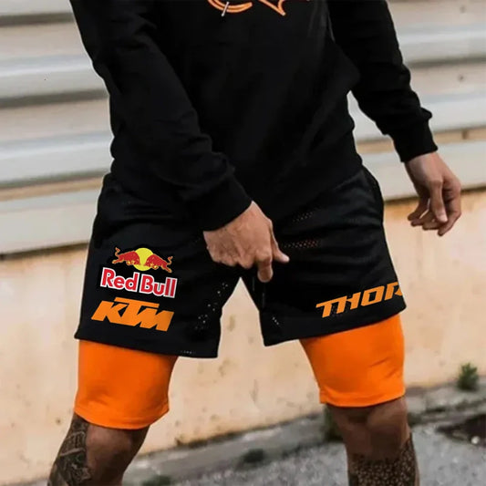 Men's Race Car Logo Print Black Double Layer Sports Shorts