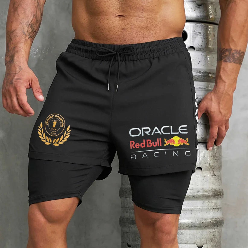 Men's Race Car Logo Print Black Double Layer Sports Shorts