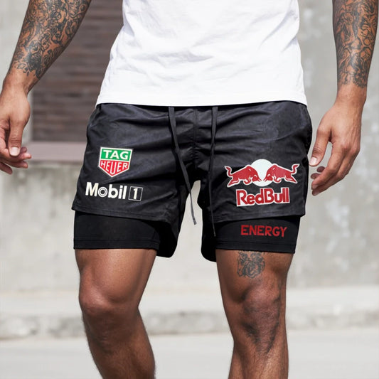 Men's Race Car Logo Print Black Double Layer Sports Shorts