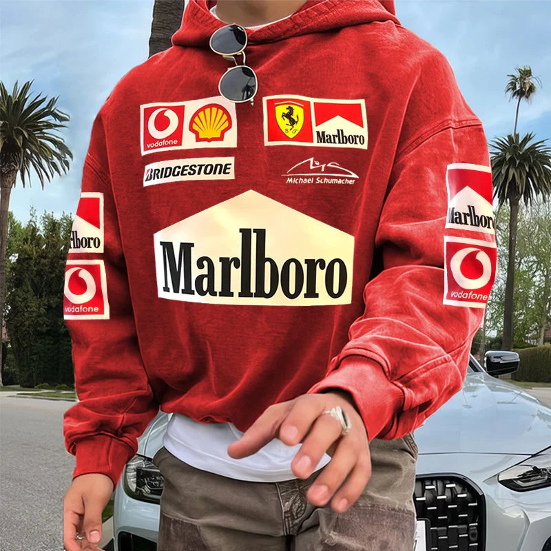 Men's Retro Racing Print Red Oversized Hoodie