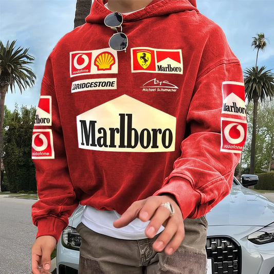 Men's Retro Racing Print Red Oversized Hoodie