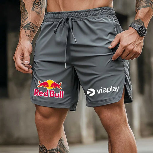 Men's Logo Print Elastic Drawstring Gray Sports Shorts