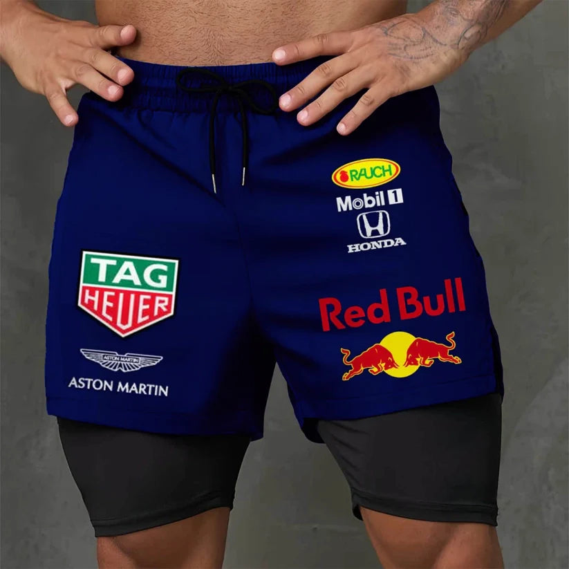 Men's Race Car Logo Print Deep Blue Double Layer Sports Shorts