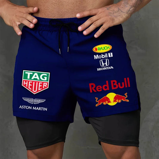 Men's Race Car Logo Print Deep Blue Double Layer Sports Shorts