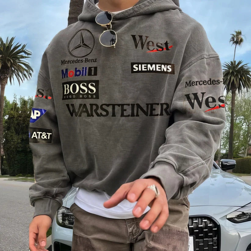 Men's Retro Racing Print Grey Oversized Hoodie