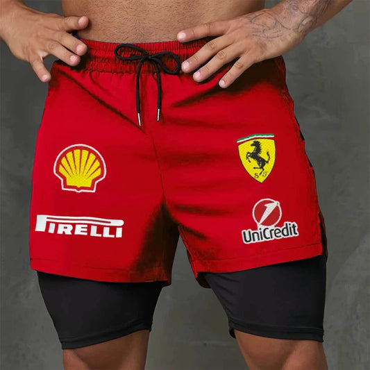 Men's Race Car Logo Print Red Double Layer Sports Shorts