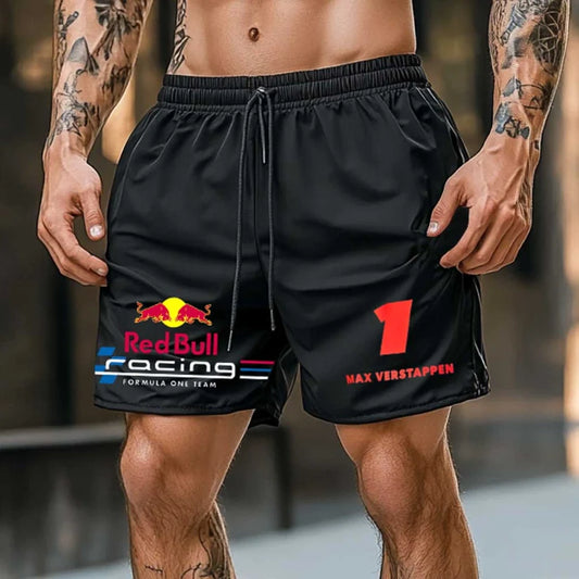 Men's Racing Print Elastic Drawstring Black Sports Shorts