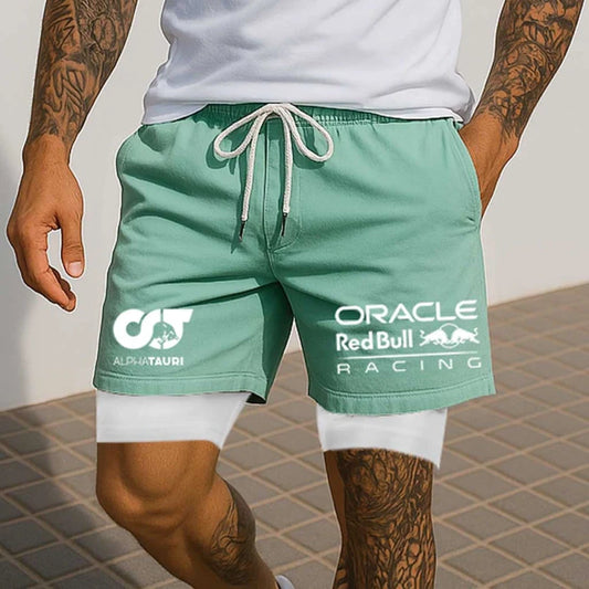 Men's Racing Double Layer 2 In 1 Print Drawstring Sports Shorts