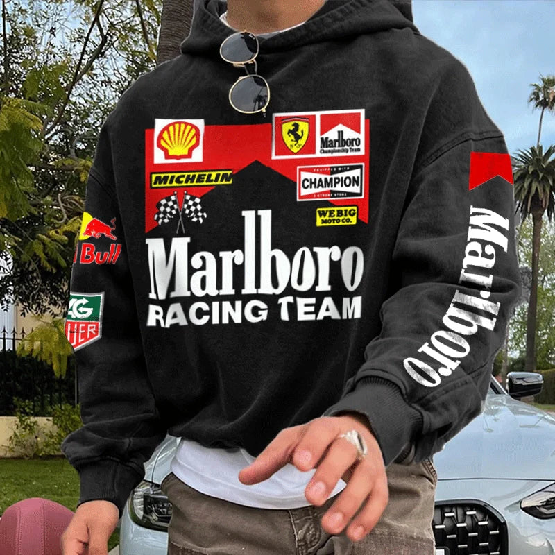 Men's Vintage Racing Print Black Oversize Hoodie
